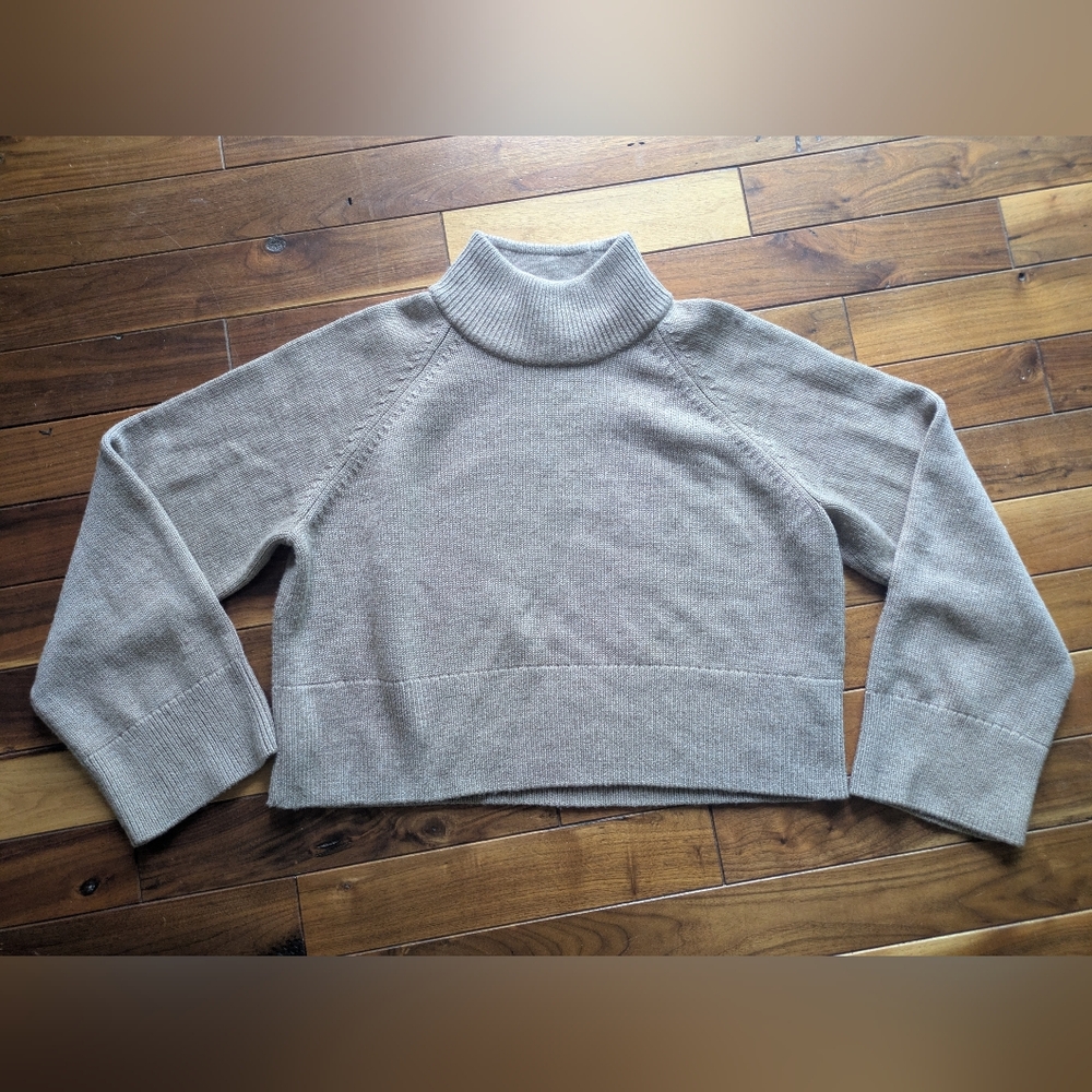 Quince Cropped Turtleneck Sweater in Light Taupe 100% Merino Wool
